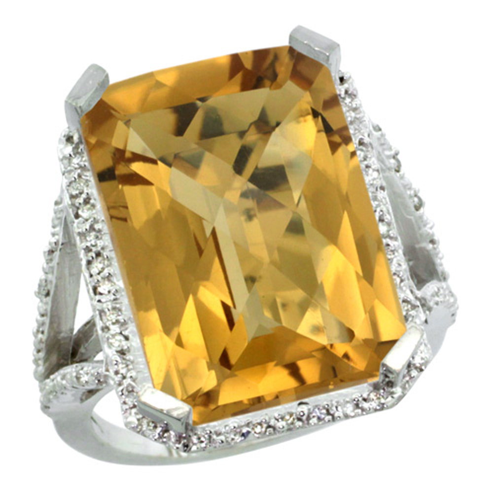 Sterling Silver Diamond Natural Whisky Quartz Ring Emerald-cut 18x13mm, 13/16 inch wide, sizes 5-10