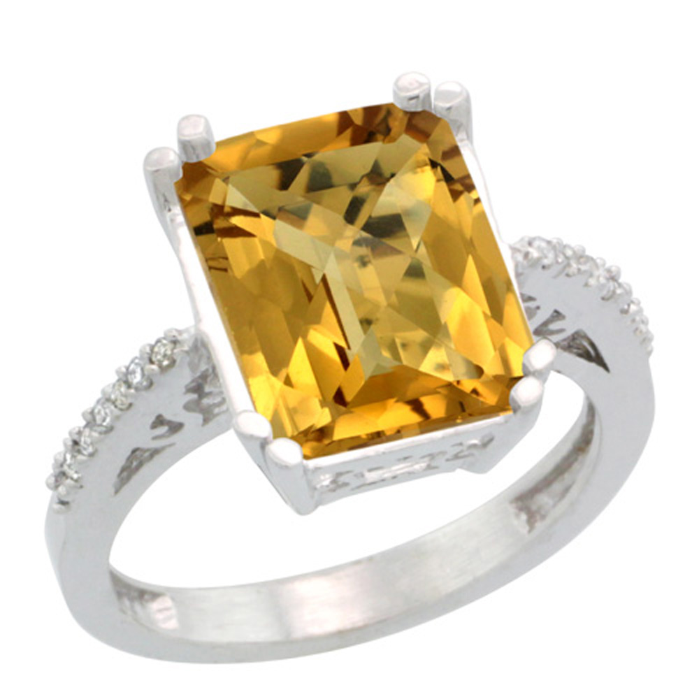 Sterling Silver Diamond Natural Whisky Quartz Ring Emerald-cut 12x10mm, 1/2 inch wide, sizes 5-10