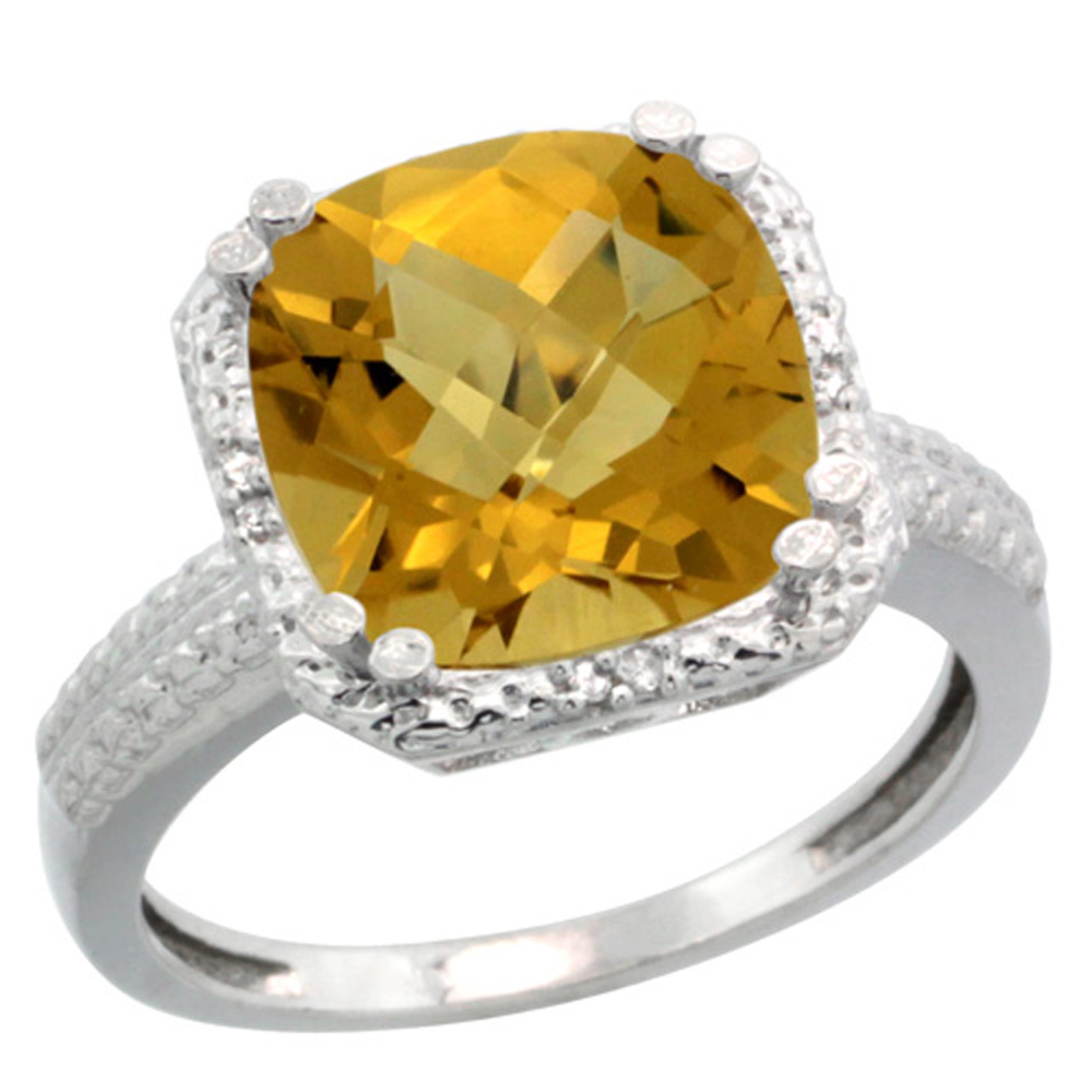 Sterling Silver Diamond Natural Whisky Quartz Ring Cushion-cut 11x11mm, 1/2 inch wide, sizes 5-10