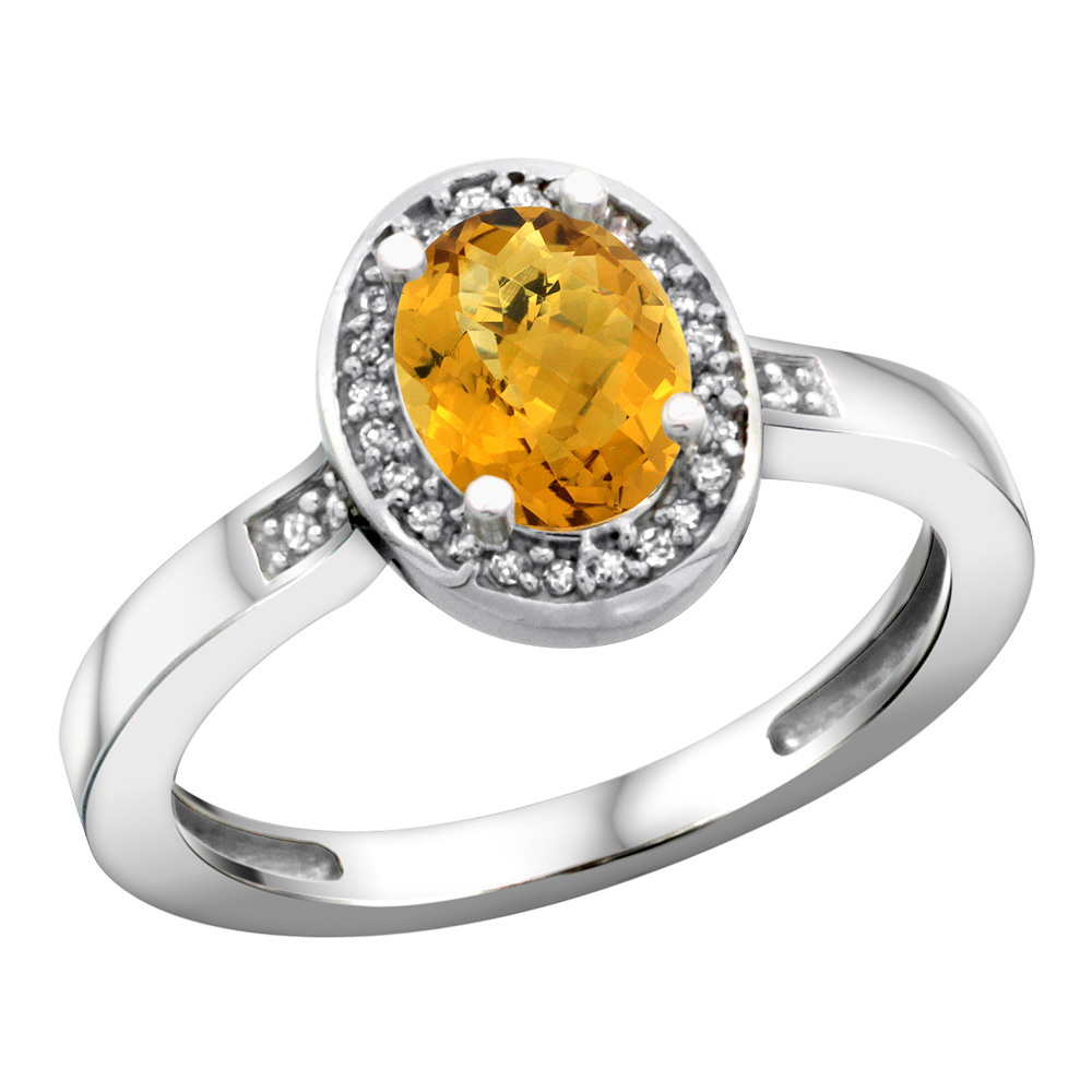 Sterling Silver Diamond Natural Whisky Quartz Ring Oval 7x5mm, 1/2 inch wide, sizes 5-10