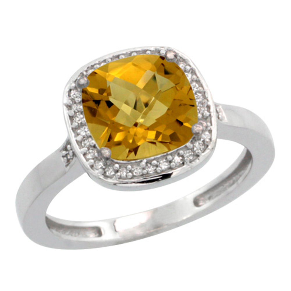 Sterling Silver Diamond Natural Whisky Quartz Ring Cushion-cut 8x8mm, 1/2 inch wide, sizes 5-10