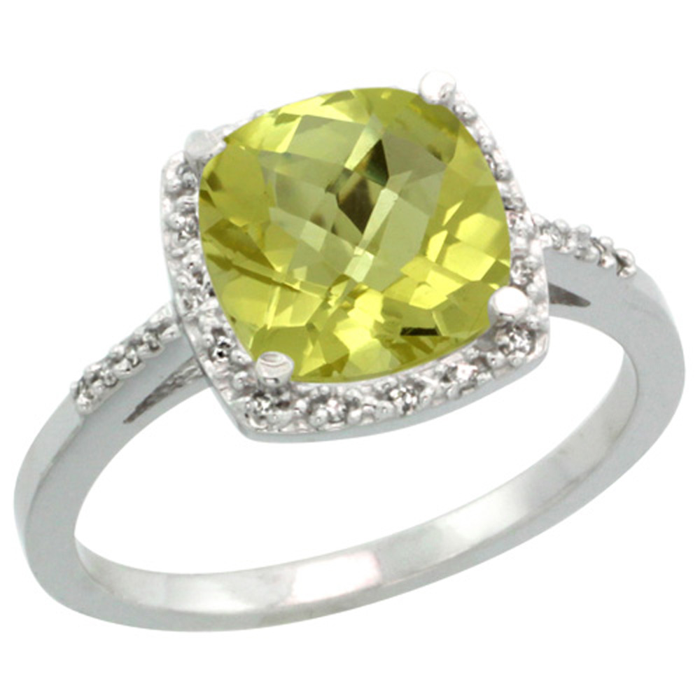 Sterling Silver Diamond Natural Lemon Quartz Ring Cushion-cut 8x8mm, 1/2 inch wide, sizes 5-10