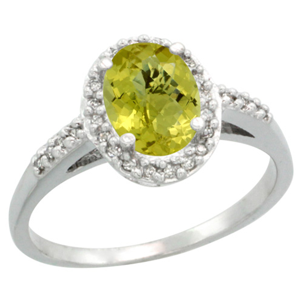 Sterling Silver Diamond Natural Lemon Quartz Ring Oval 8x6mm, 3/8 inch wide, sizes 5-10