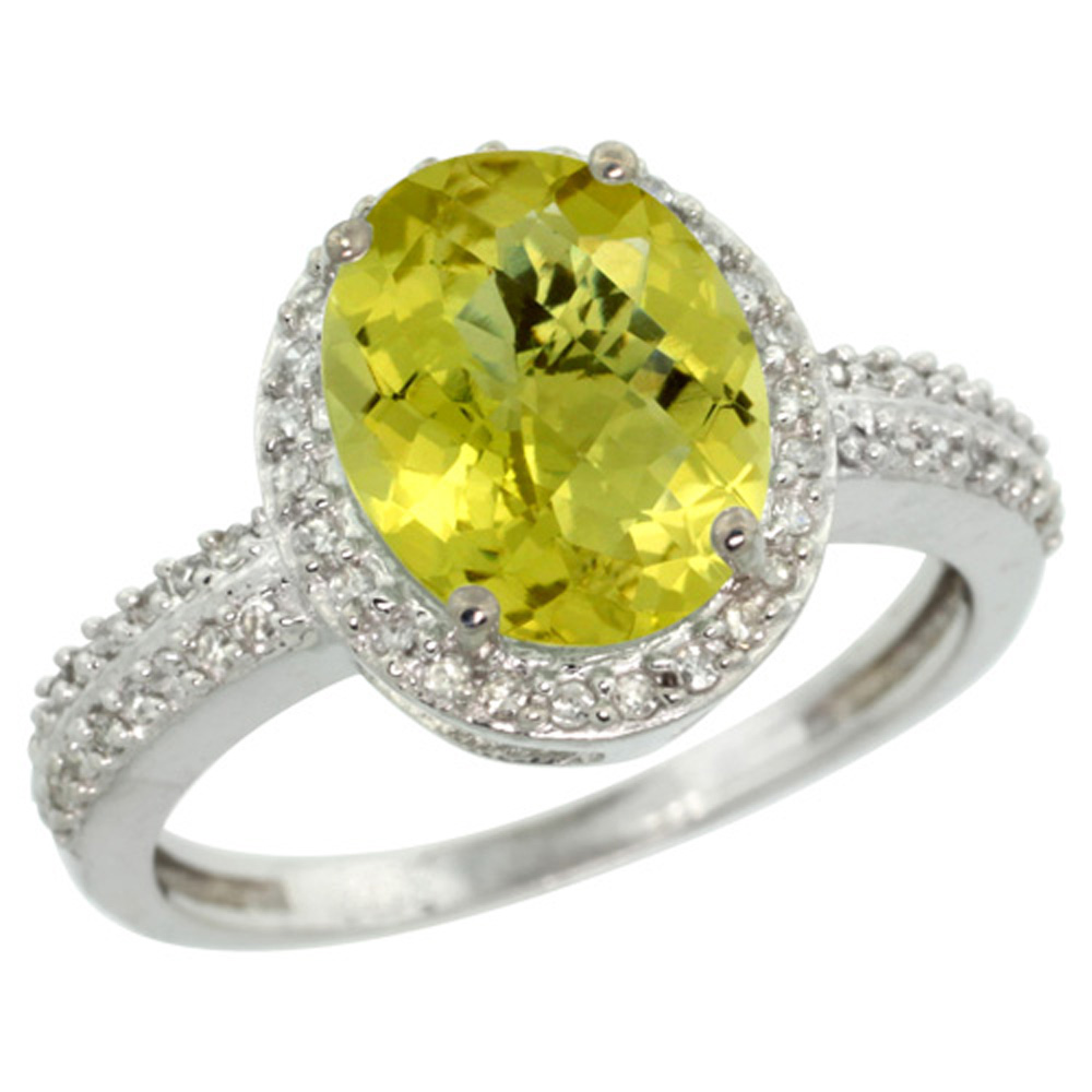 Sterling Silver Diamond Natural Lemon Quartz Ring Oval 10x8mm, 1/2 inch wide, sizes 5-10