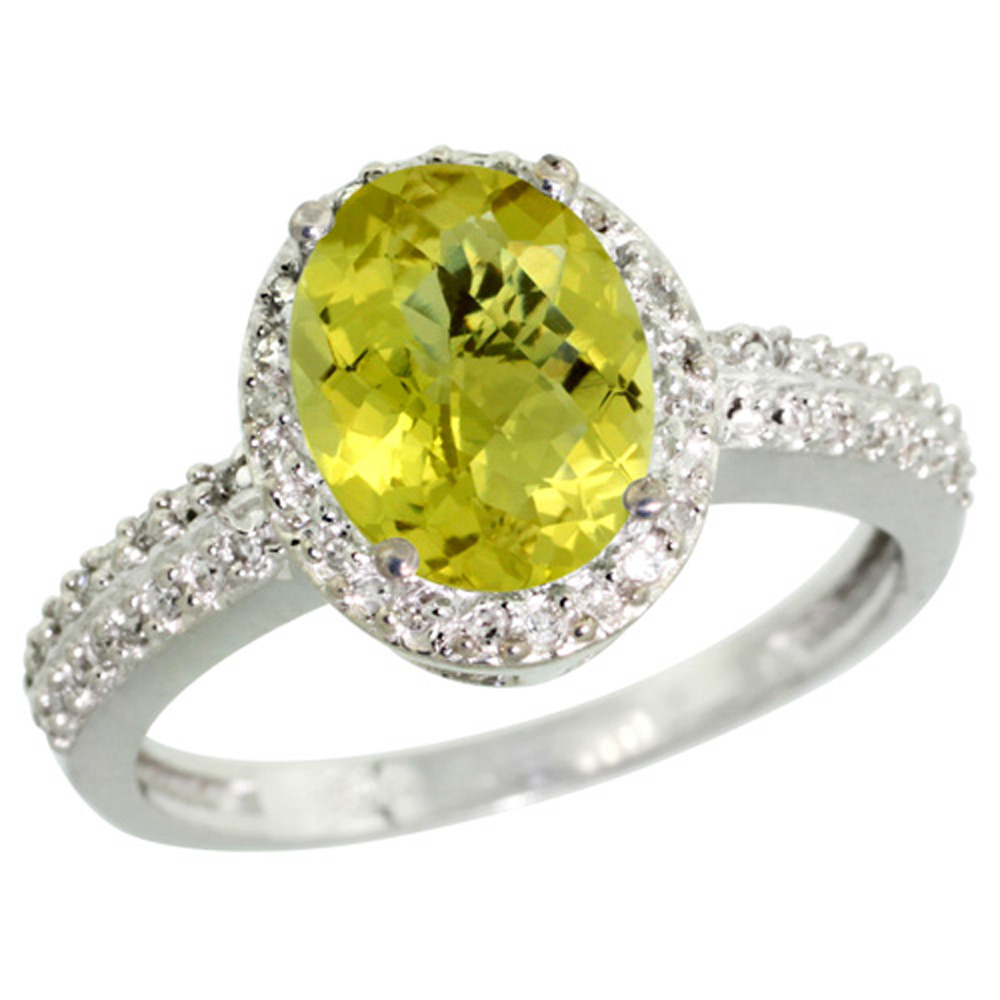 Sterling Silver Diamond Natural Lemon Quartz Ring Oval 9x7mm, 1/2 inch wide, sizes 5-10