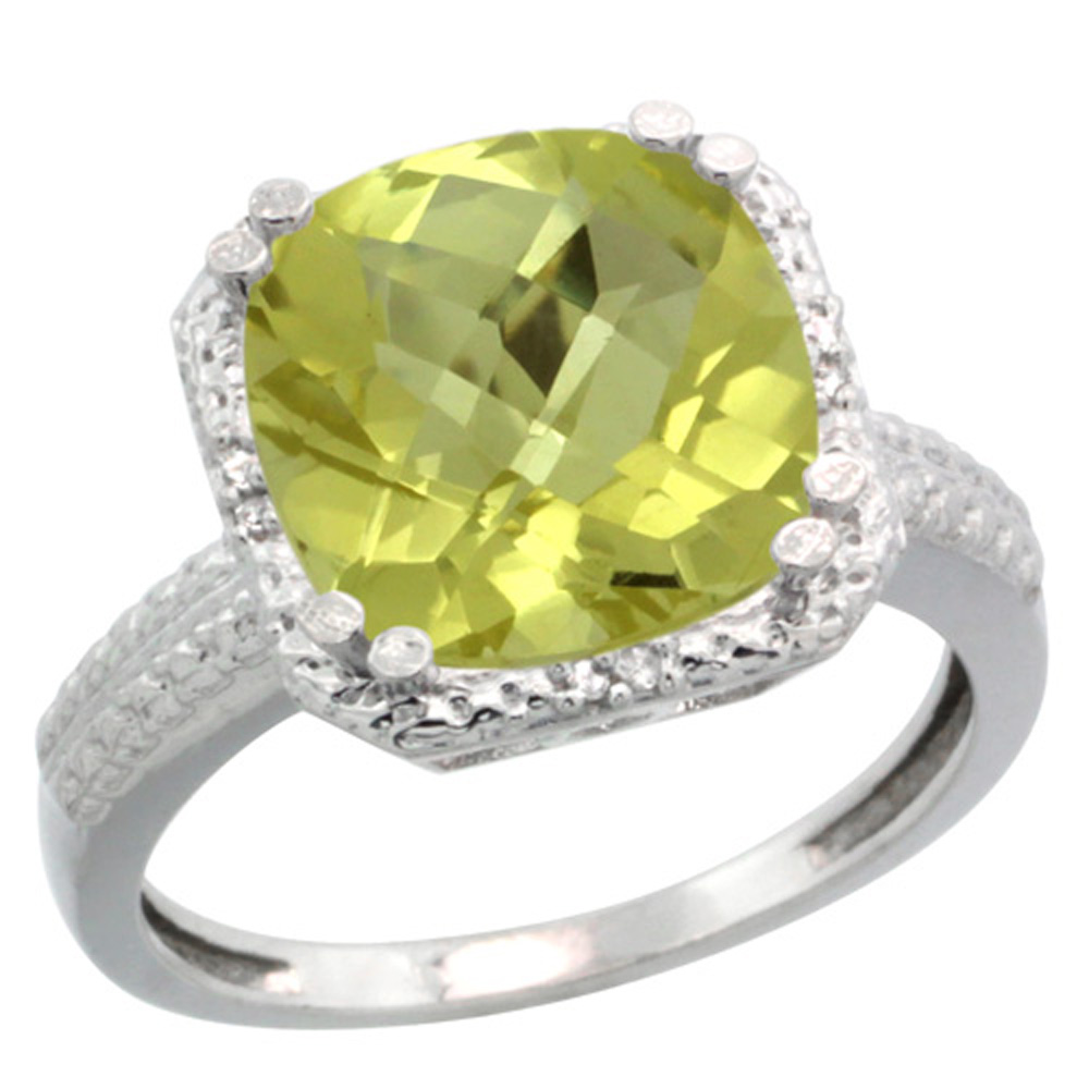 Sterling Silver Diamond Natural Lemon Quartz Ring Cushion-cut 11x11mm, 1/2 inch wide, sizes 5-10