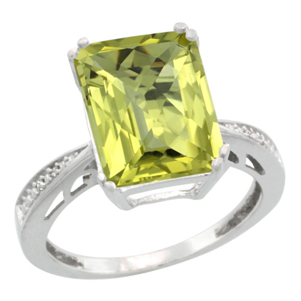 Sterling Silver Diamond Natural Lemon Quartz Ring Emerald-cut 12x10mm, 1/2 inch wide, sizes 5-10