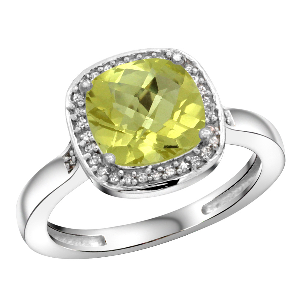 Sterling Silver Diamond Natural Lemon Quartz Ring Cushion-cut 8x8mm, 1/2 inch wide, sizes 5-10