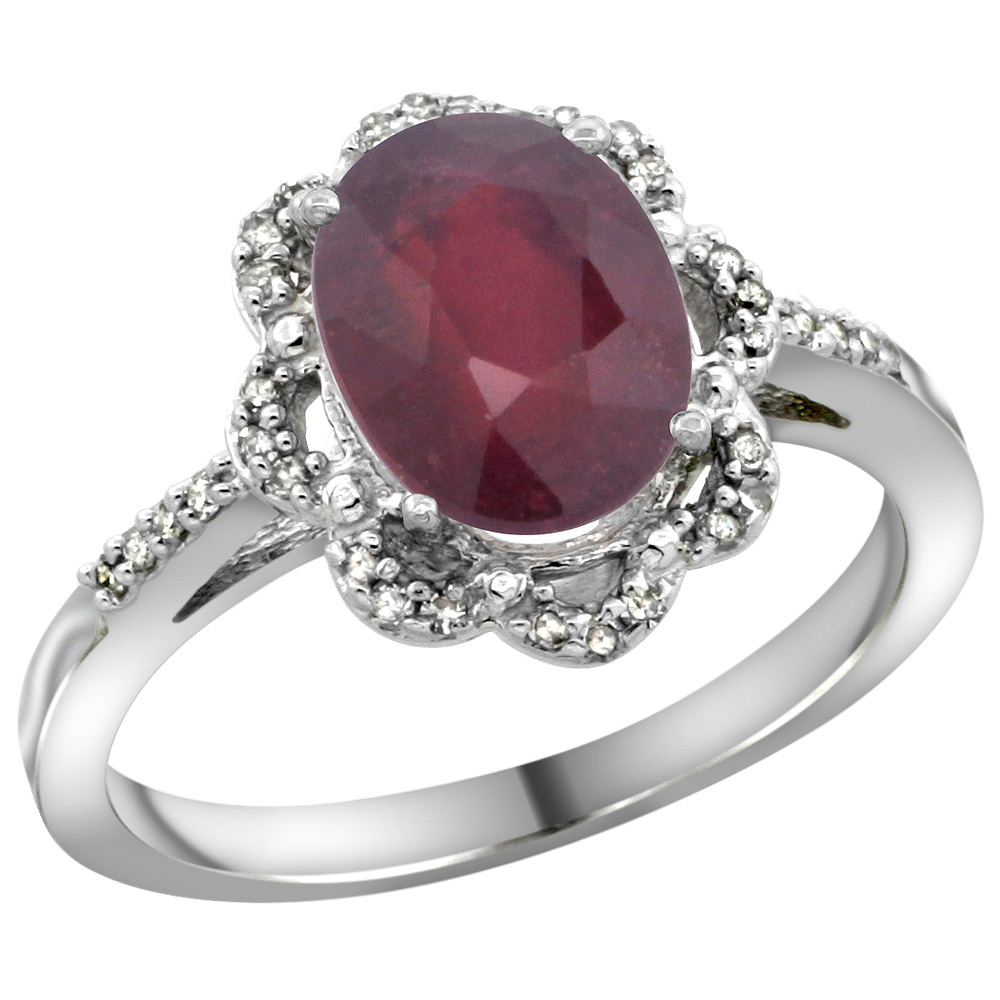 Sterling Silver Diamond Halo Natural High Quality Ruby Ring Oval 9x7mm, 7/16 inch wide, sizes 5-10