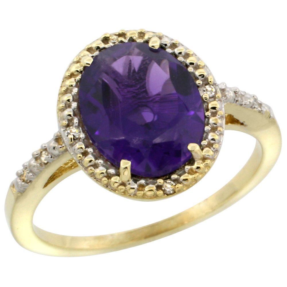 14K Yellow Gold Diamond Genuine Amethyst Engagement Ring Oval 10x8mm, size 5-10