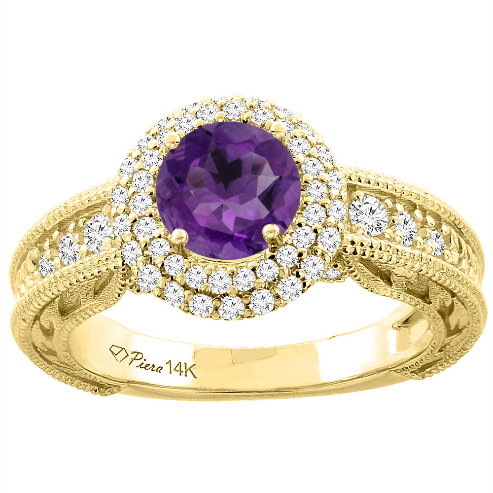 14K Yellow Gold Natural Amethyst & Diamond Halo Ring Round 6 mm, sizes 5-10