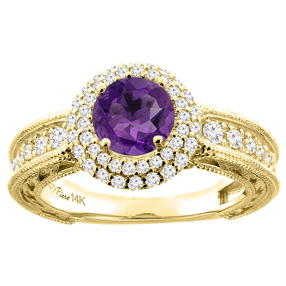 14K Yellow Gold Natural Amethyst & Diamond Halo Ring Round 6 mm, sizes 5-10