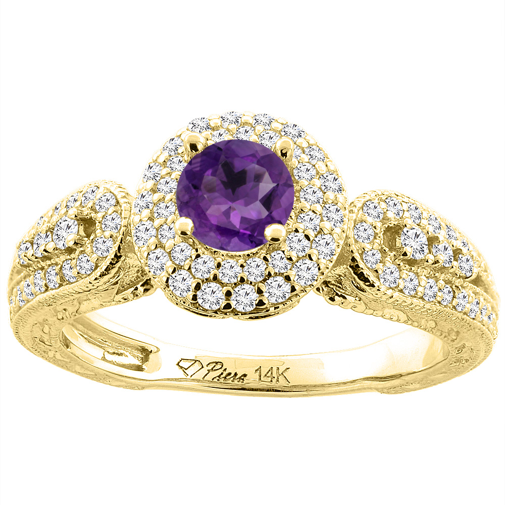 14K Yellow Gold Natural Amethyst & Diamond Halo Ring Round 5 mm, sizes 5-10