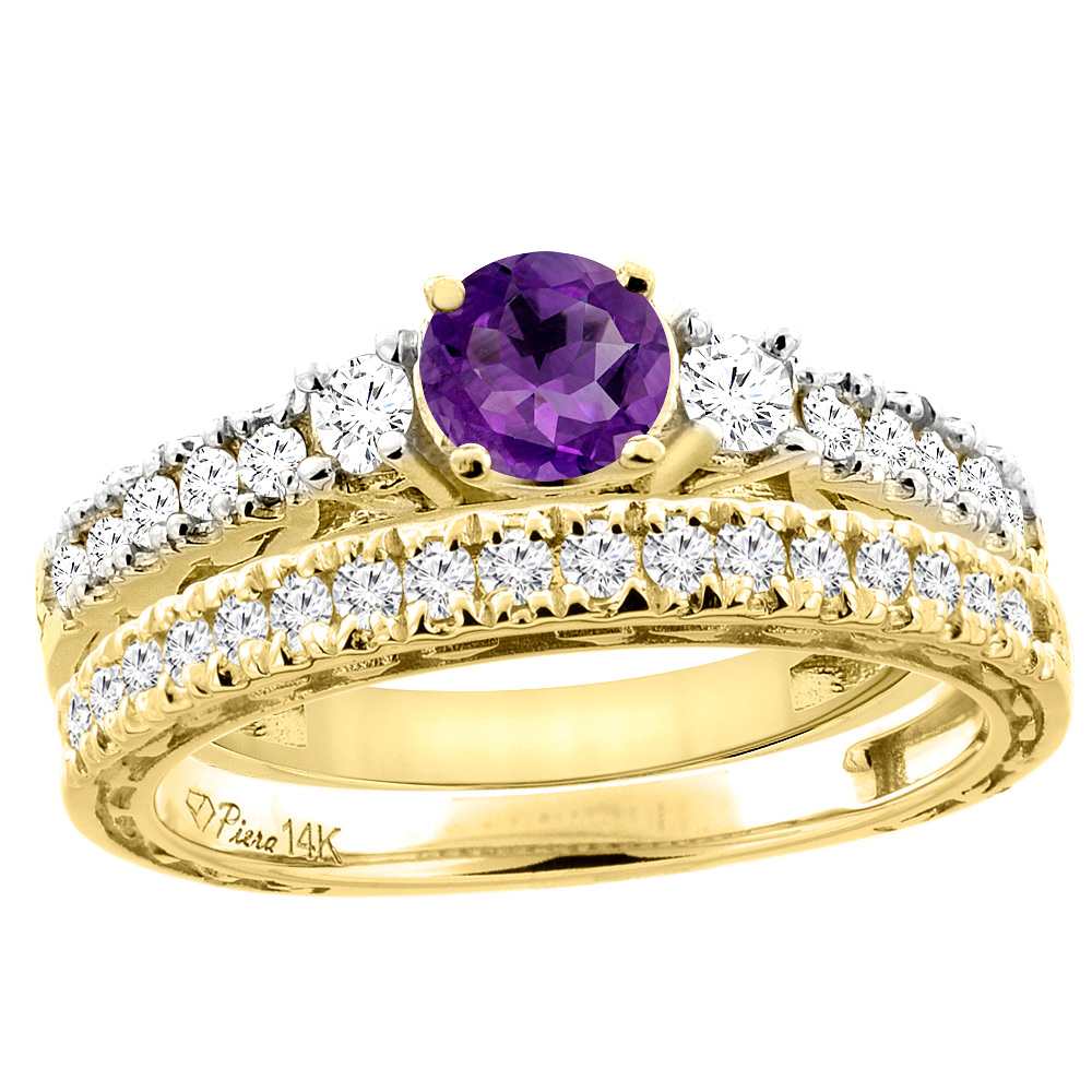 14K Yellow Gold Diamond Natural Amethyst Engagement 2-pc Ring Set Engraved Round 6 mm, sizes 5 - 10