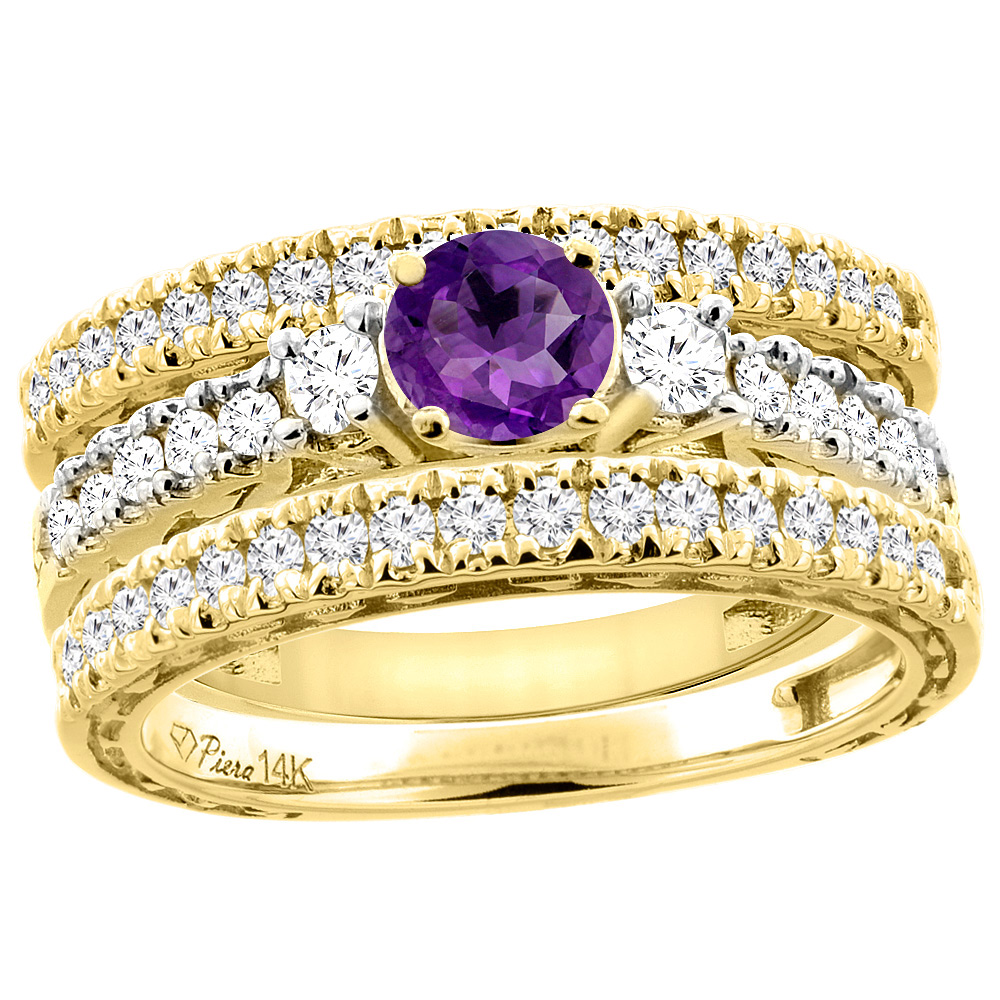 14K Yellow Gold Diamond Natural Amethyst Engagement 3-pc Ring Set Engraved Round 6 mm, sizes 5 - 10