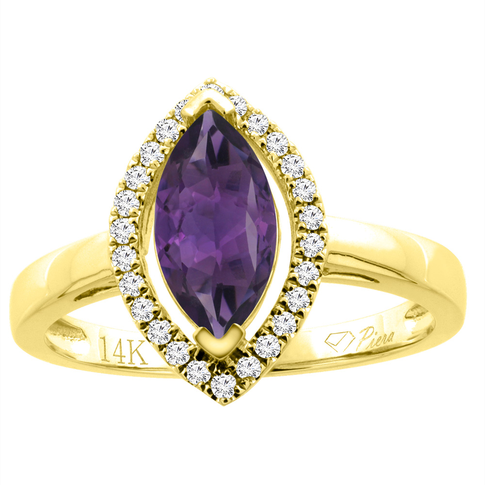 14K Gold Natural Amethyst Halo Ring Marquise 10x5 mm Diamond Accents, sizes 5 - 10