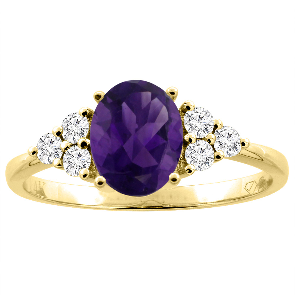 14K Gold Natural Amethyst Ring Oval 8x6 mm Diamond Accents, sizes 5 - 10
