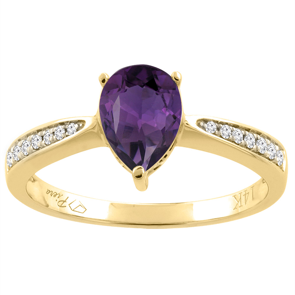 14K Gold Natural Amethyst Ring Pear Shape 8x6 mm Diamond Accents, sizes 5 - 10