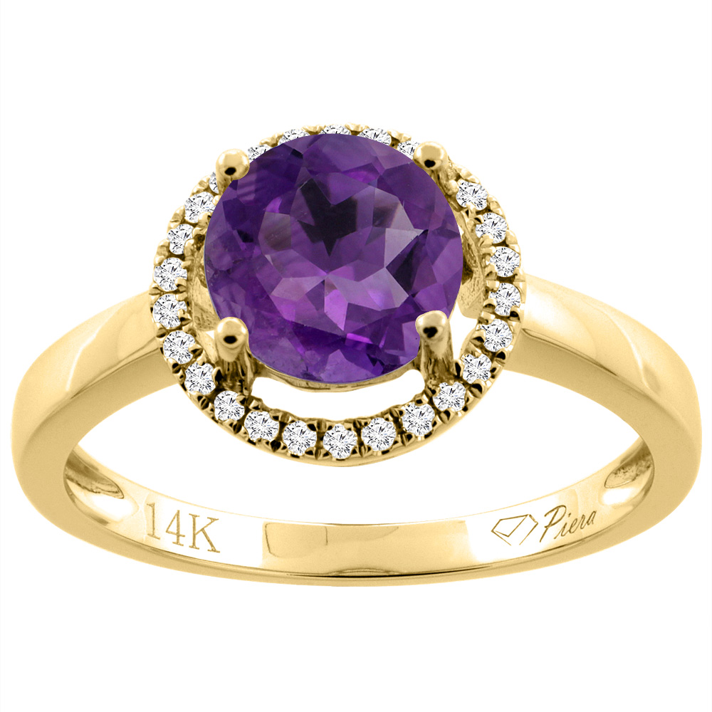14K Gold Natural Amethyst Ring Round 7 mm Diamond Accents, sizes 5 - 10