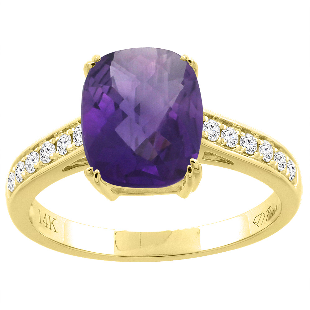 14K Gold Natural Amethyst Ring Cushion Cut 9x7 mm Diamond Accents, sizes 5 - 10