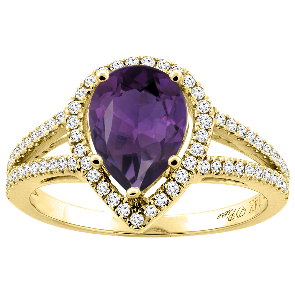 14K Gold Natural Amethyst Ring Pear Shape 9x7 mm Diamond Accents, sizes 5 - 10