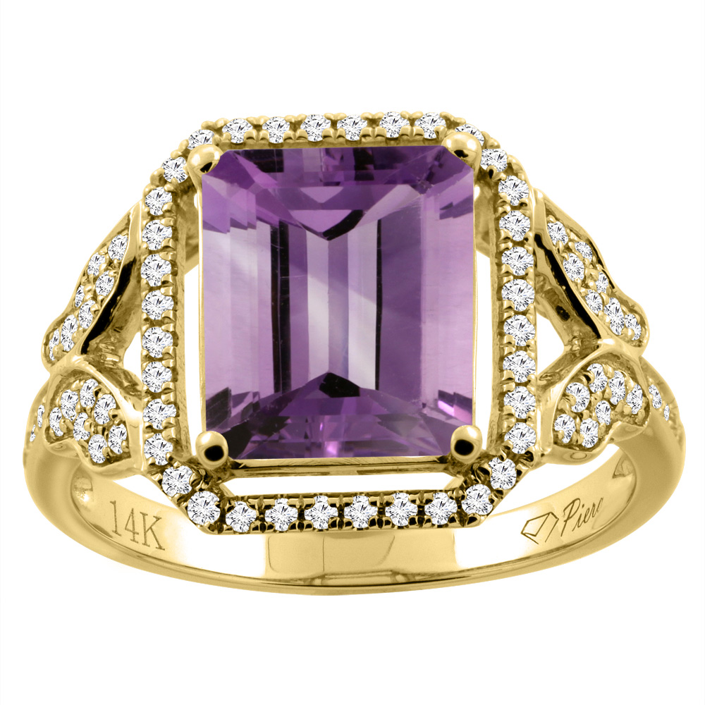 14K Gold Natural Amethyst Ring Octagon Shape 10x8 mm Diamond Accents, sizes 5 - 10