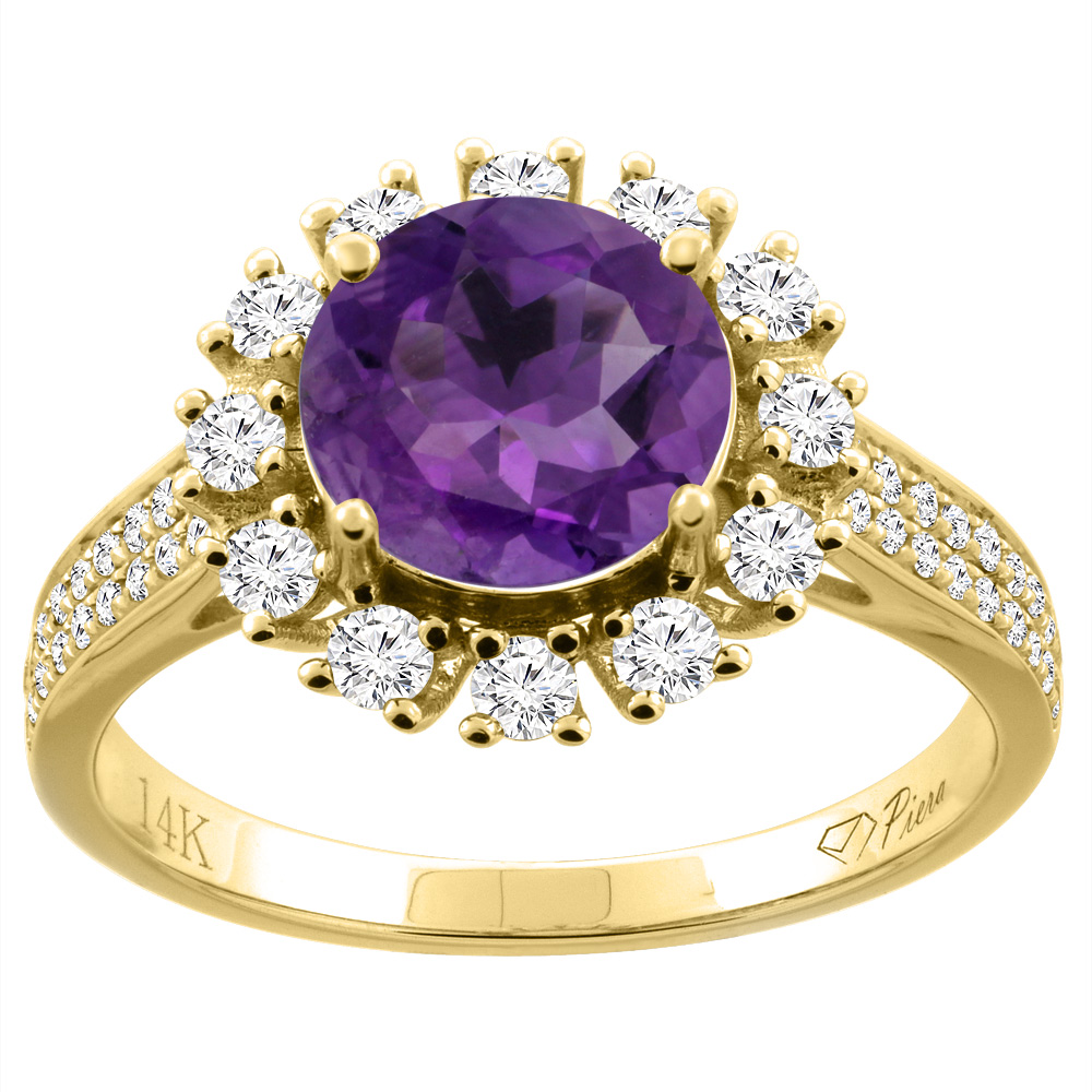 14K Gold Natural Amethyst Ring Round 8 mm Diamond Accents, sizes 5 - 10