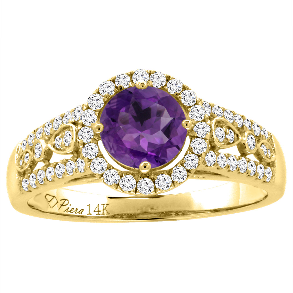 14K Yellow Gold Diamond Natural Amethyst Engagement Halo Ring Round 7 mm, sizes 5-10