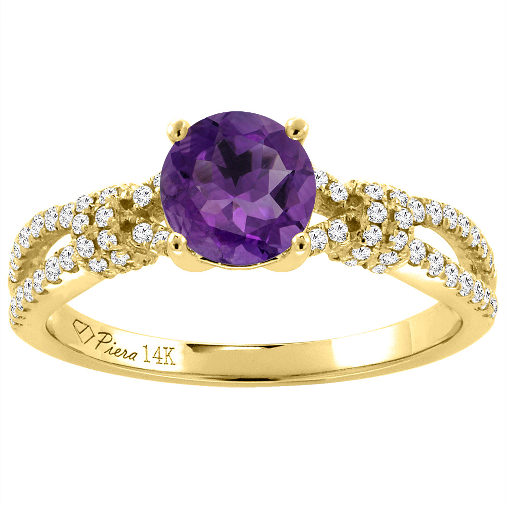 14K Yellow Gold Diamond Natural Amethyst Engagement Ring Round 7 mm, sizes 5-10