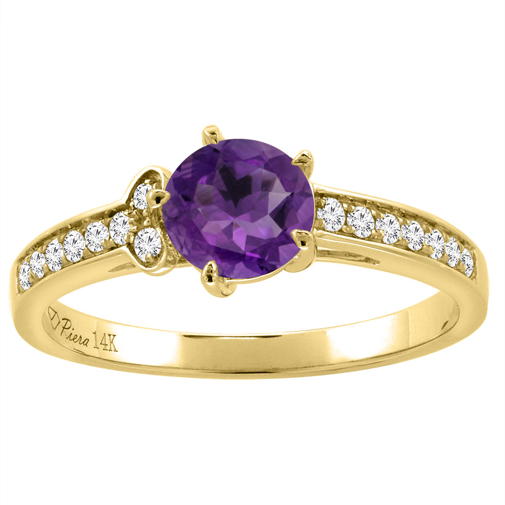 14K Yellow Gold Diamond Natural Amethyst Engagement Ring Round 7 mm, sizes 5-10