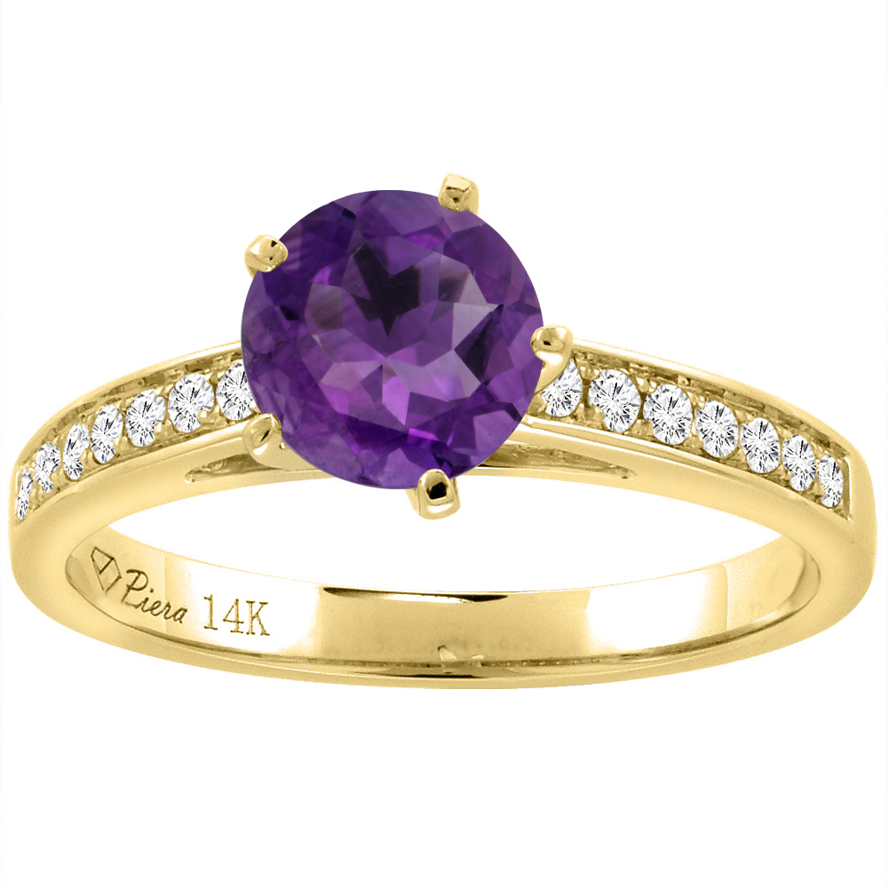 14K Yellow Gold Diamond Natural Amethyst Engagement Ring Round 7 mm, sizes 5-10
