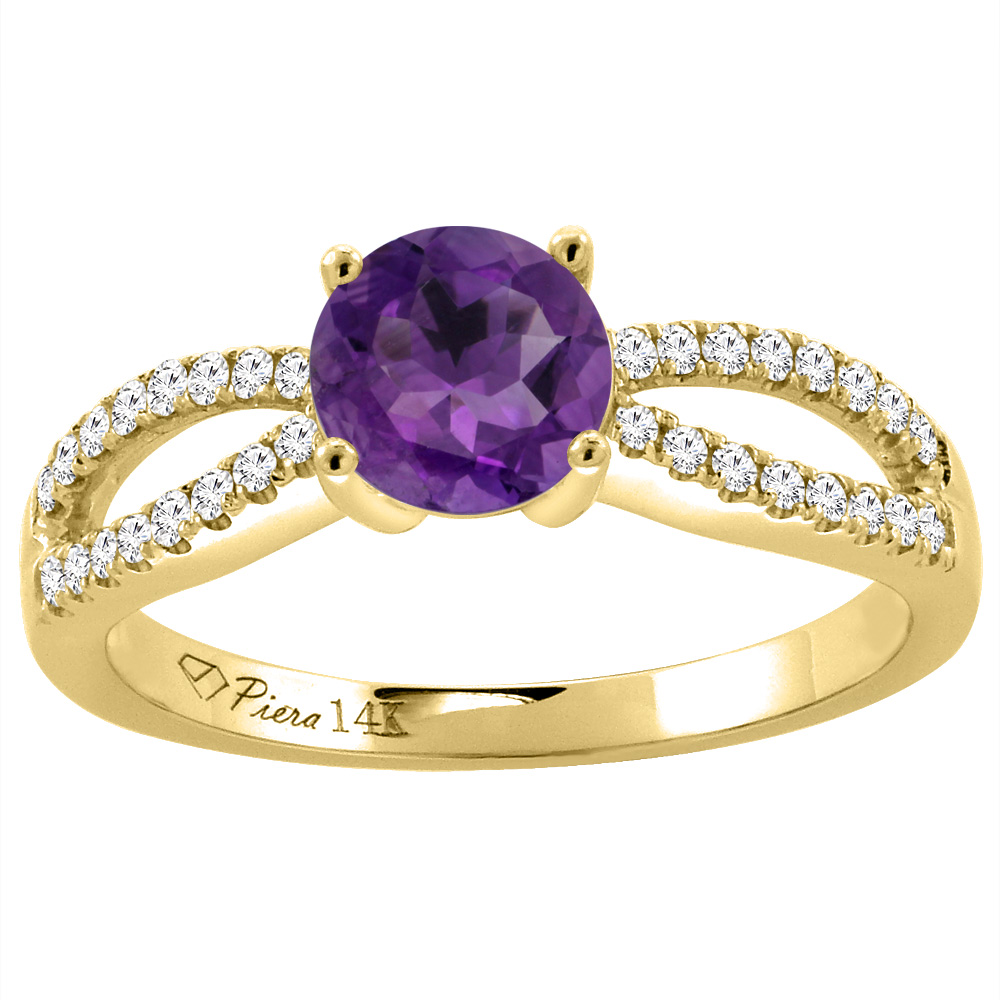 14K Yellow Gold Diamond Natural Amethyst Engagement Ring Round 7 mm, sizes 5-10