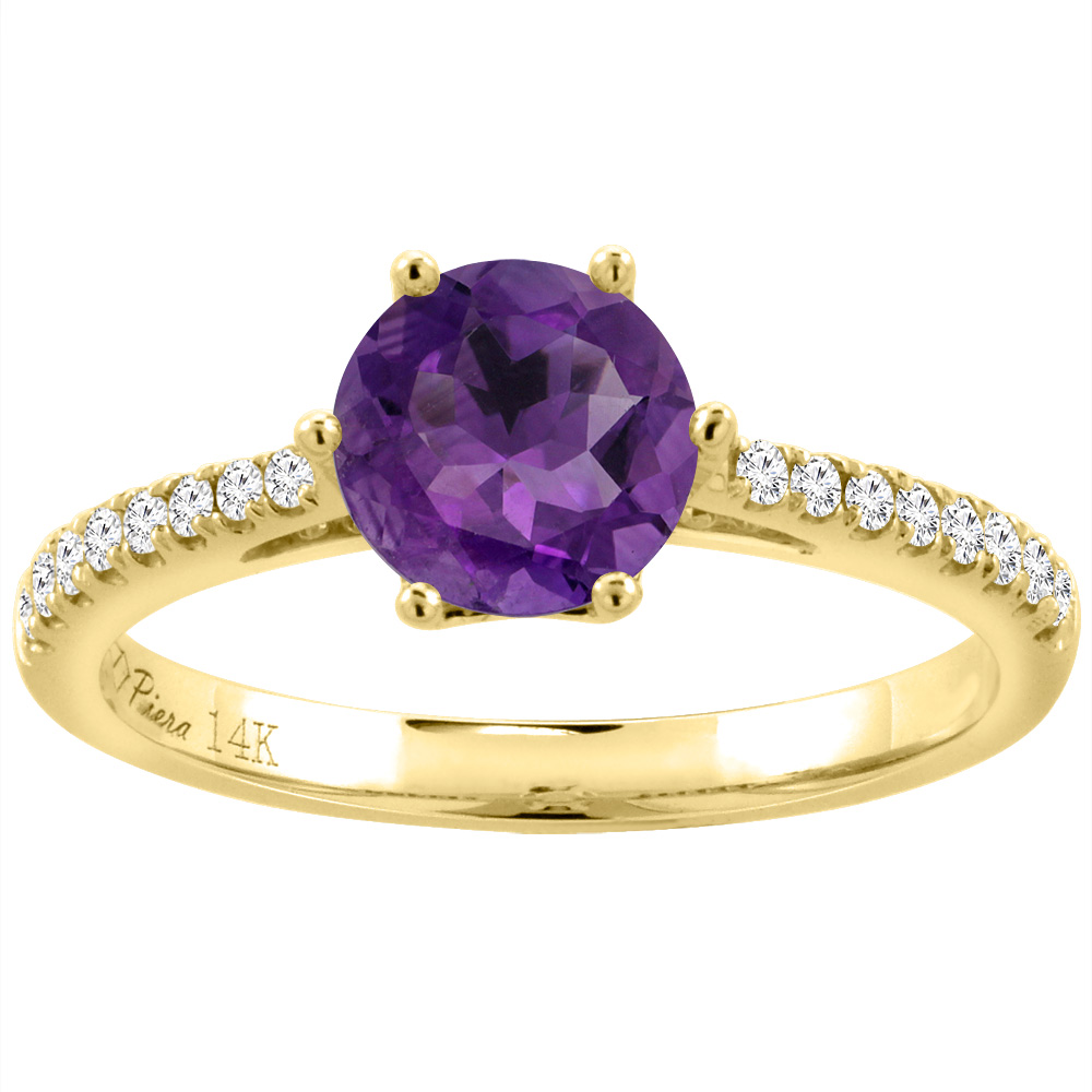 14K Yellow Gold Diamond Natural Amethyst Engagement Ring Round 7 mm, sizes 5-10