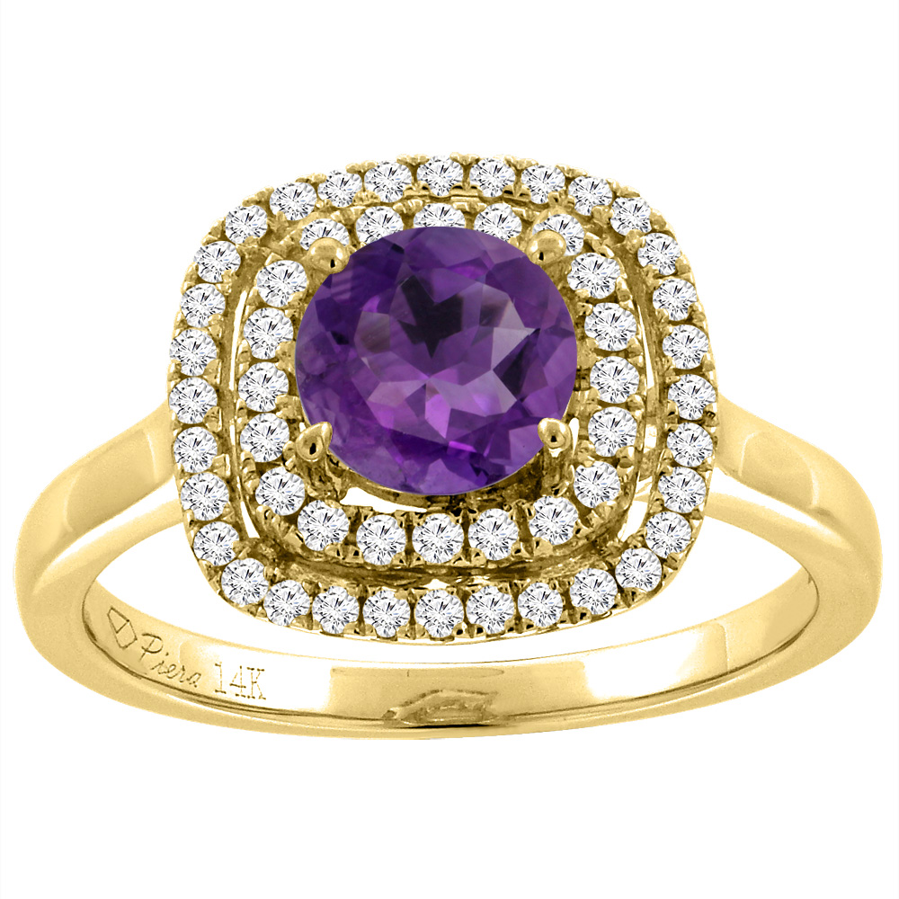 14K Yellow Gold Natural Amethyst Double Halo Diamond Engagement Ring Round 7 mm, sizes 5-10