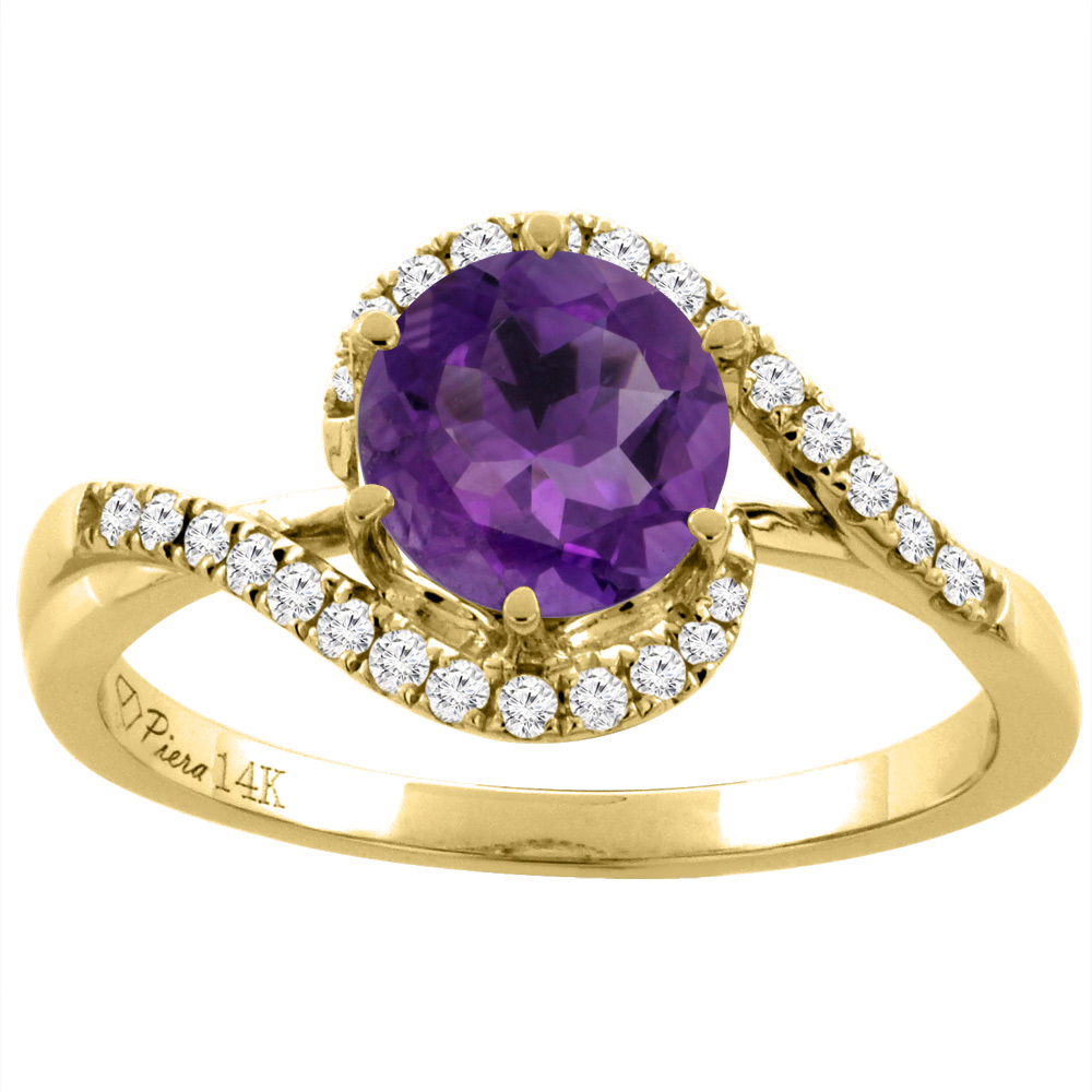 14K Yellow Gold Diamond Natural Amethyst Bypass Engagement Ring Round 7 mm, sizes 5-10