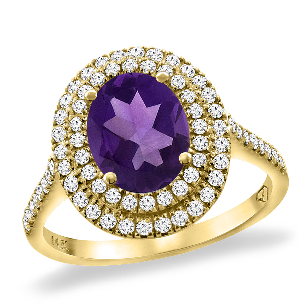 14K Yellow Gold Natural Amethyst Two Halo Diamond Engagement Ring 9x7 mm Oval, sizes 5 -10
