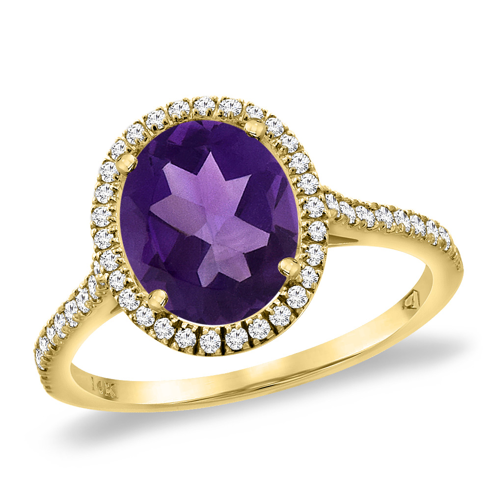 14K Yellow Gold Natural Amethyst Diamond Halo Engagement Ring 10x8 mm Oval, sizes 5 -10