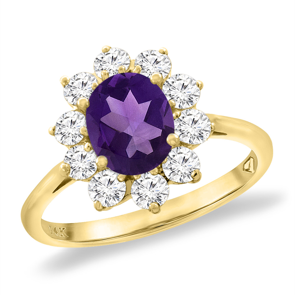 14K Yellow Gold Diamond Natural Amethyst Engagement Ring Oval 8x6 mm, sizes 5 -10