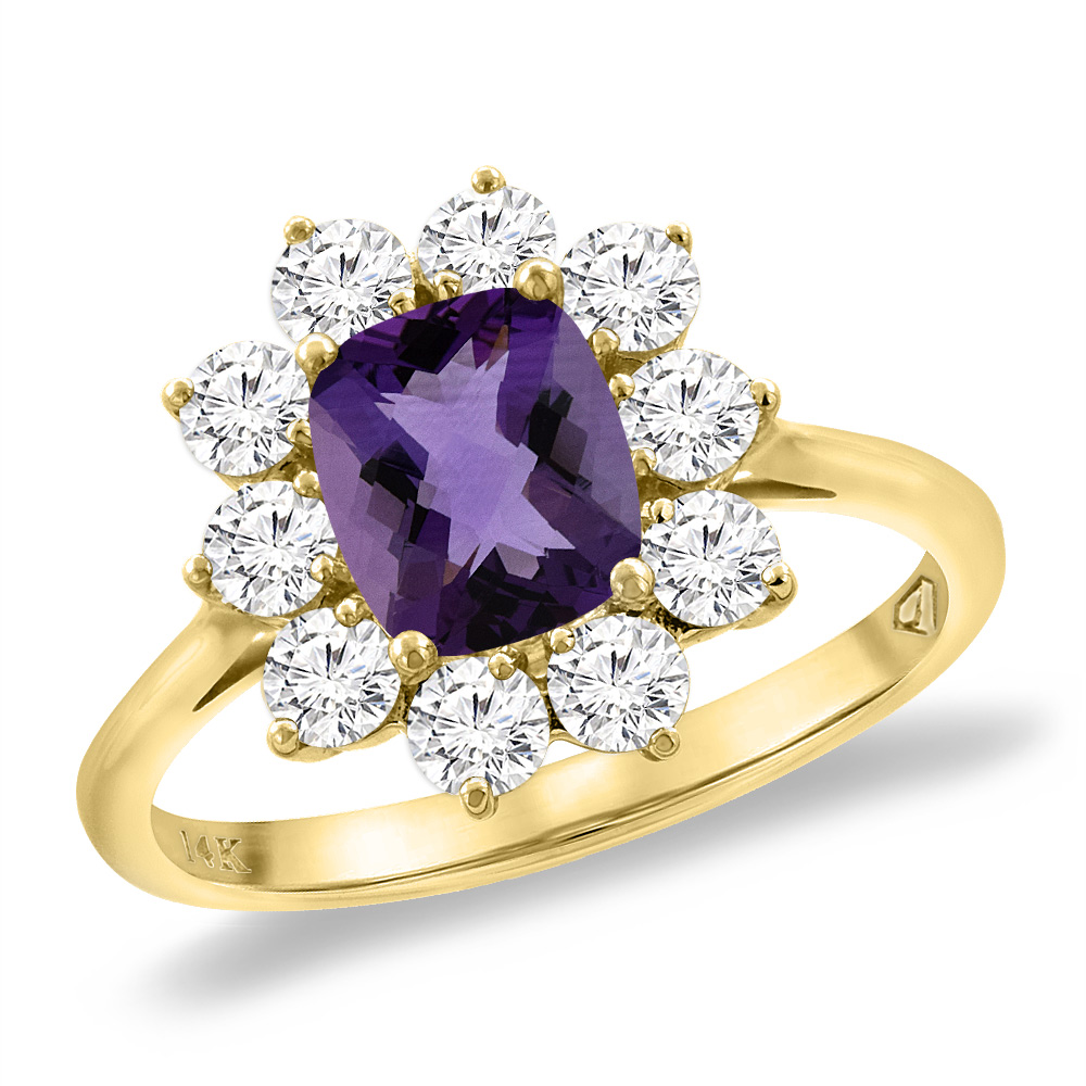 14K Yellow Gold Diamond Natural Amethyst Engagement Ring 8x6 mm Cushion, sizes 5 -10