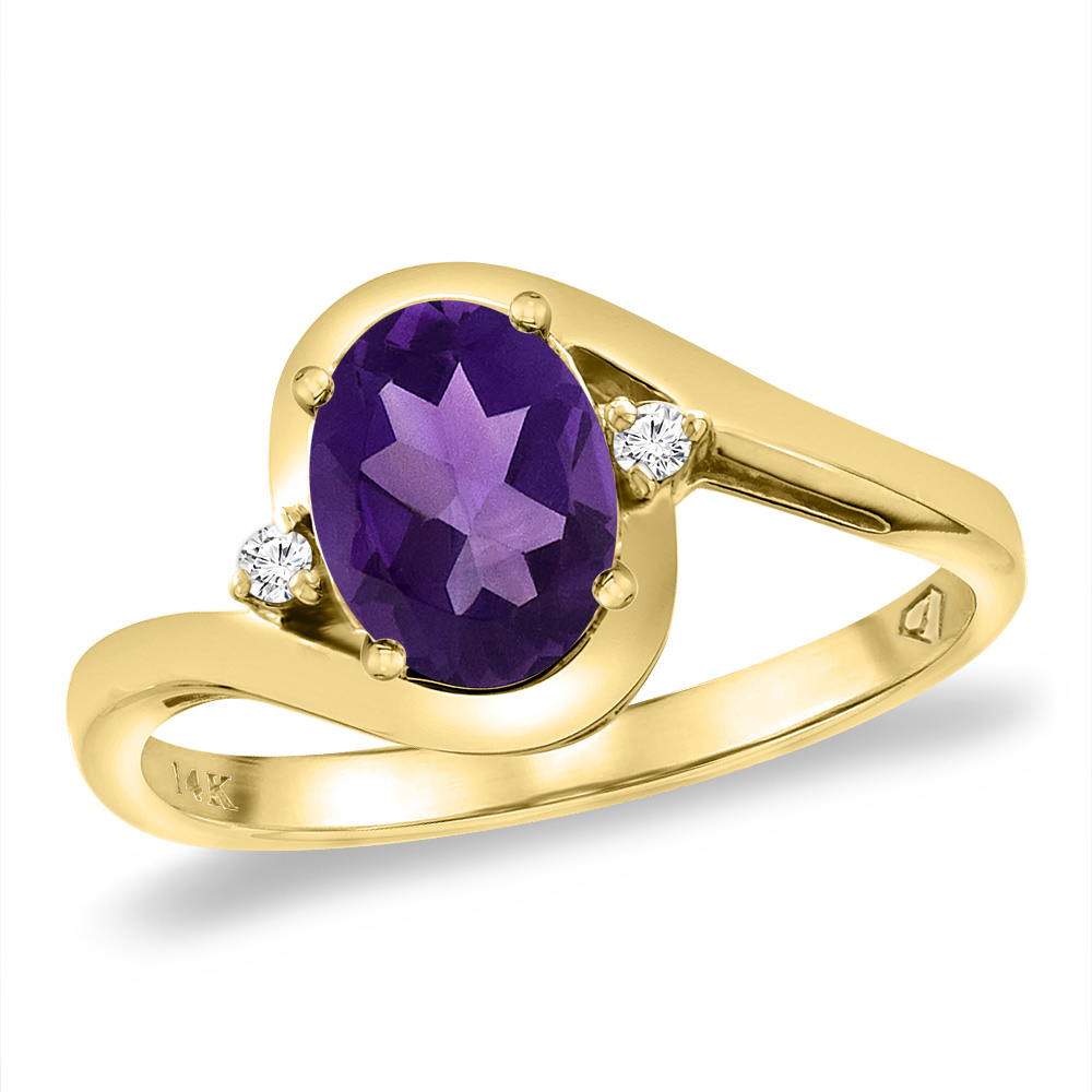 14K Yellow Gold Diamond Natural Amethyst Bypass Engagement Ring Oval 8x6 mm, sizes 5 -10