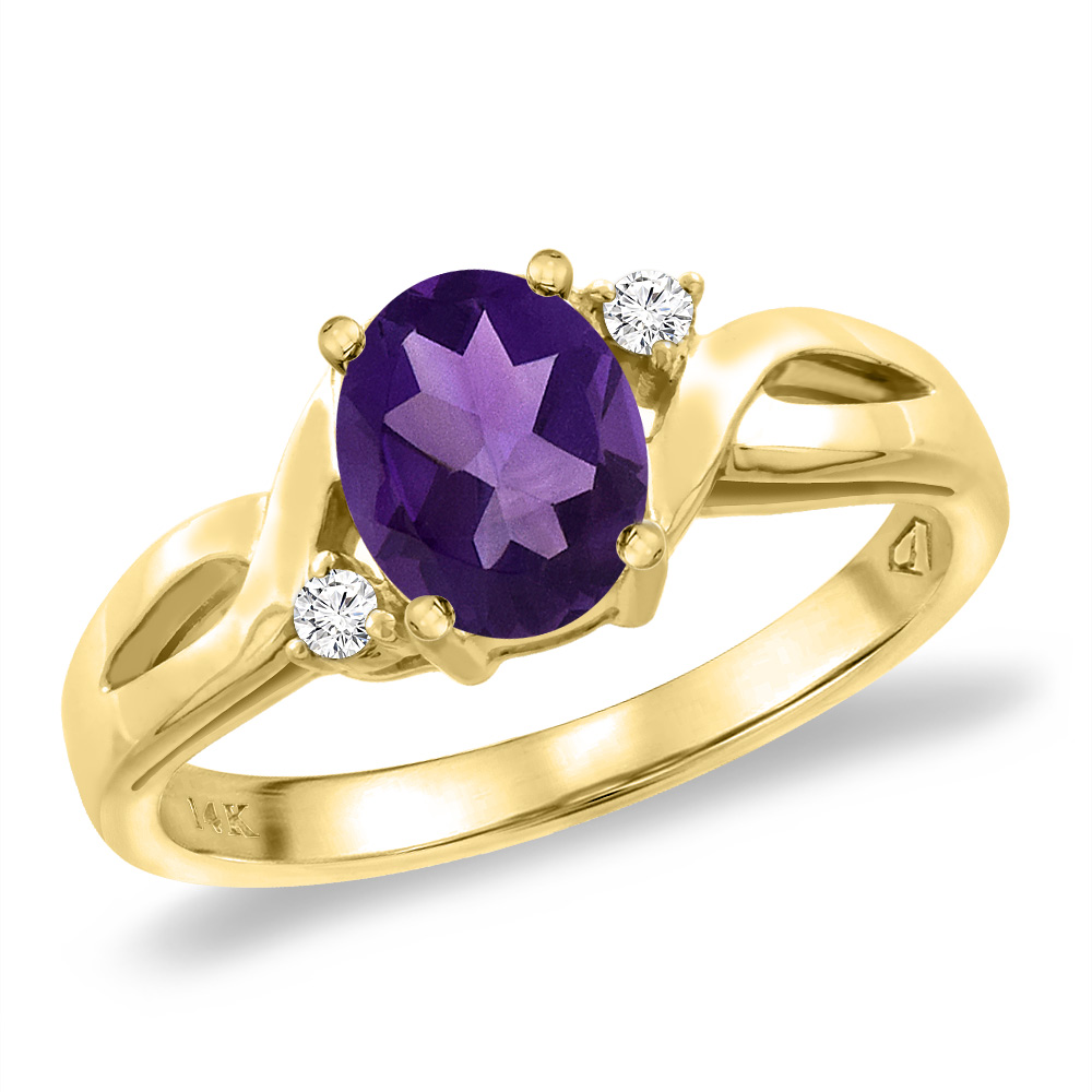 14K Yellow Gold Diamond Natural Amethyst Engagement Ring Oval 8x6 mm, sizes 5 -10