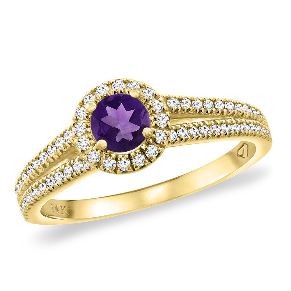 14K Yellow Gold Natural Amethyst Split Shank Diamond Halo Engagement Ring 4mm Round, sizes 5 -10