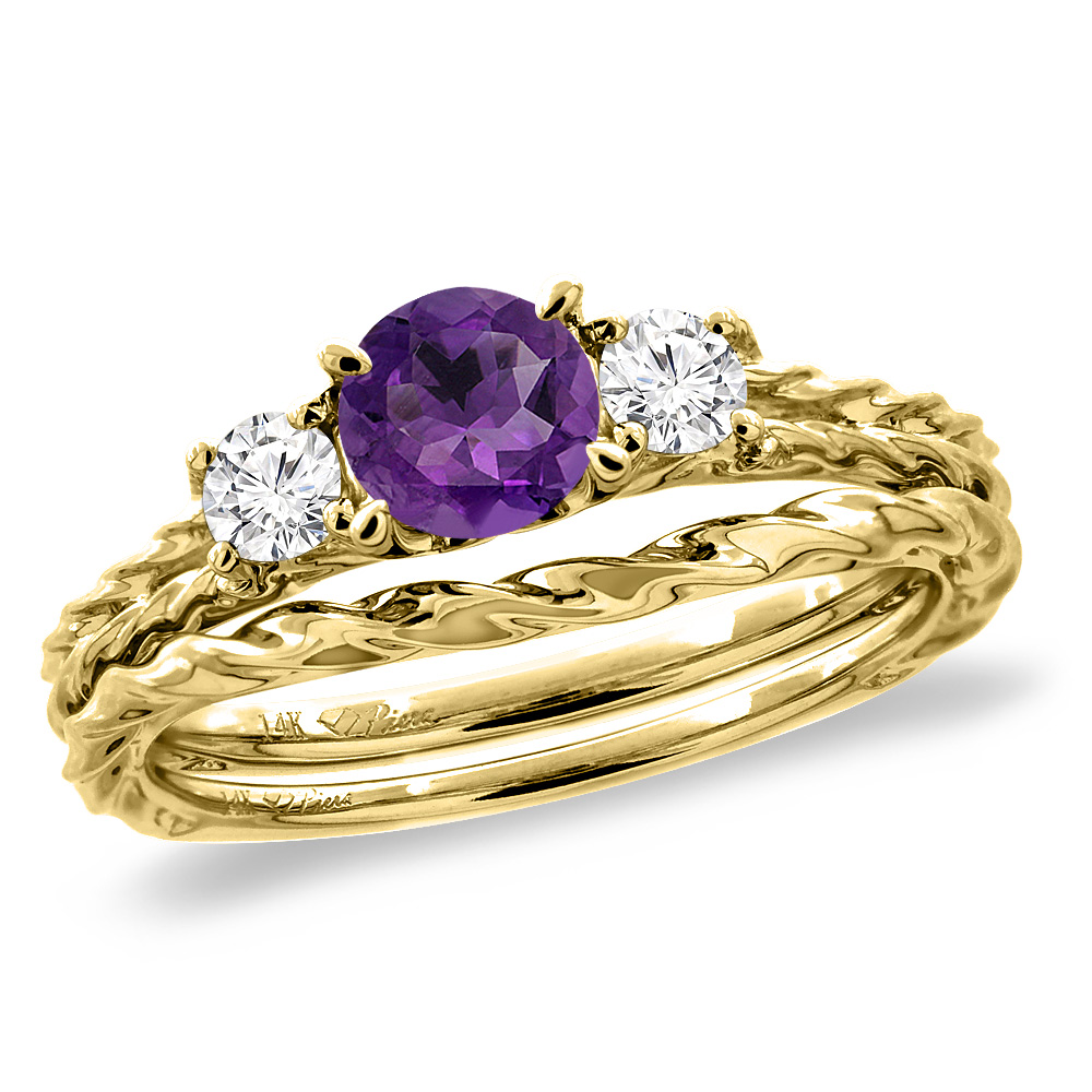 14K Yellow Gold Diamond Natural Amethyst 2pc Engagement Ring Set Round 6mm Twisted, sizes 5-10