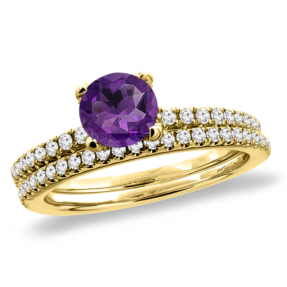 14K Yellow Gold Diamond Natural Amethyst 2pc Engagement Ring Set Round 5 mm, sizes 5-10