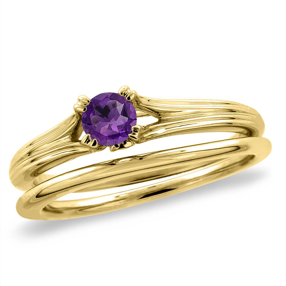 14K Yellow Gold Diamond Natural Amethyst 2pc Solitaire Engagement Ring Set Round 5 mm, sizes 5 -10