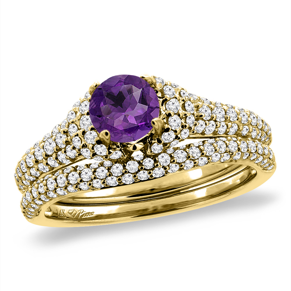 14K Yellow Gold Diamond Natural Amethyst 2pc Engagement Ring Set Round 5 mm, sizes 5-10
