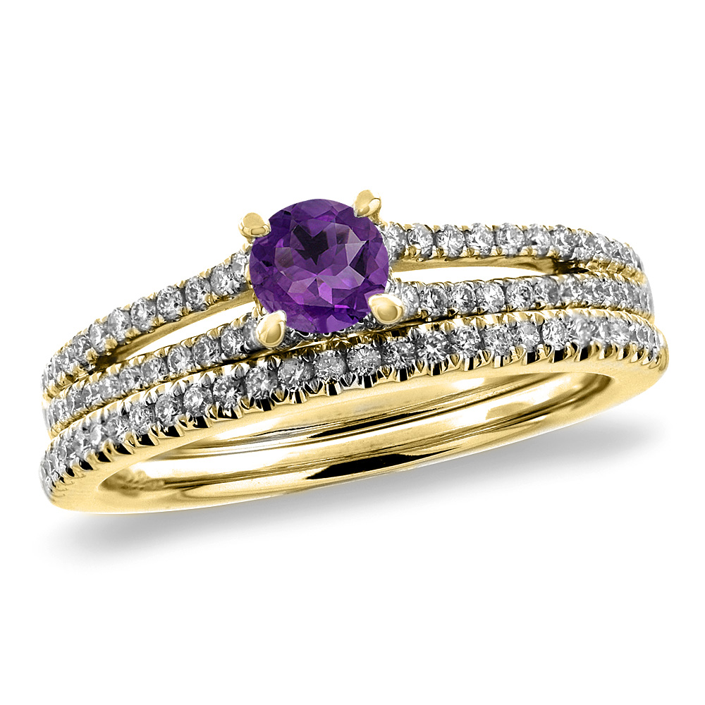 14K Yellow Gold Diamond Natural Amethyst 2pc Engagement Ring Set Round 5 mm, sizes 5-10