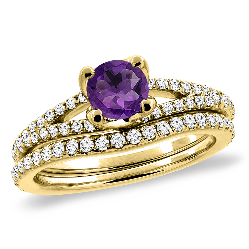 14K Yellow Gold Diamond Natural Amethyst 2pc Engagement Ring Set Round 5 mm, sizes 5-10
