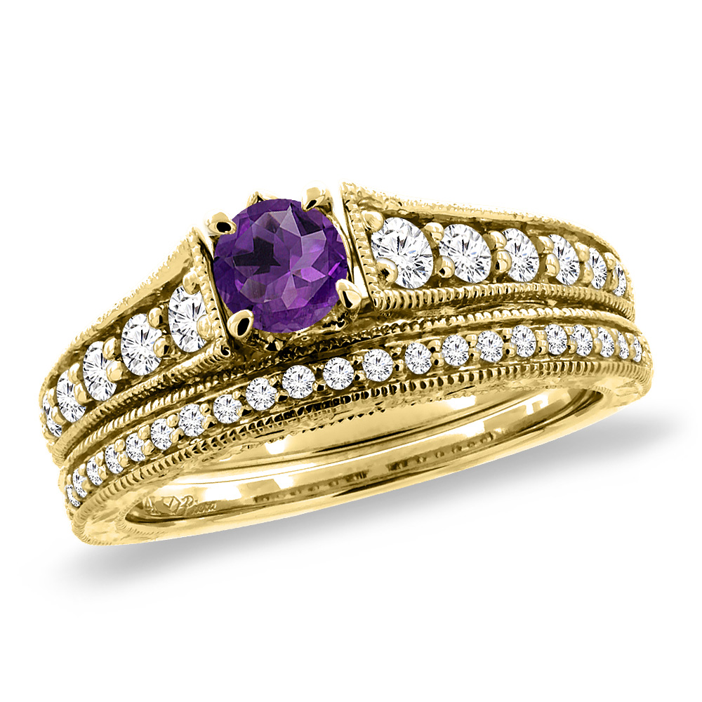 14K Yellow Gold Diamond Natural Amethyst 2pc Engagement Ring Set Round 5 mm, sizes 5-10