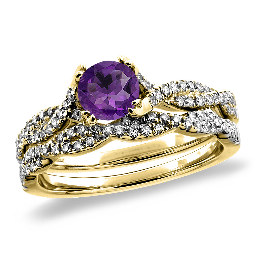 14K White/Yellow Gold Diamond Natural Amethyst 2pc Infinity Engagement Ring Set Round 5 mm, sz 5-10
